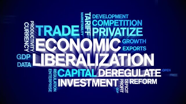 Economic Liberalization animated word cloud-text design animation tag kinetic typography seamless loop.