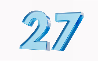 3d Glossy Blue number 27 Twenty seven isolated on white background. 3d illustration