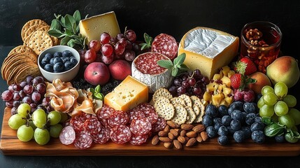 Assorted gourmet charcuterie board with various cheeses, different types of salami, grapes, blueberries, almonds, crackers, fresh herbs, peaches, strawberries, and nuts in a glass jar