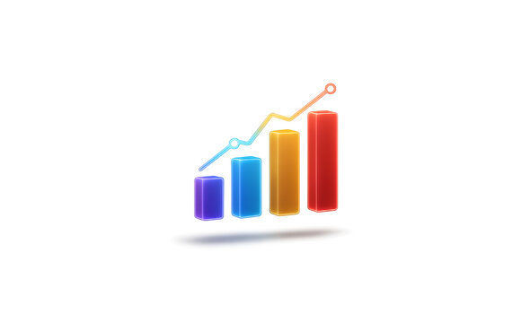 Colorful 3d bar graph with an upward trending line and arrow indicating financial growth and success isolated on transparent background