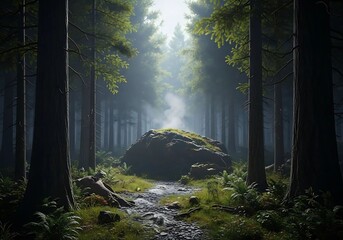 A path through a dense forest with a large rock ahead