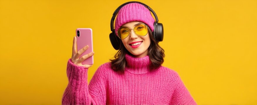 The vibrant woman enjoying music with headphones and smartphone against a bright background.