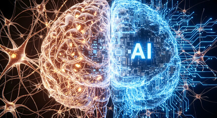 The convergence of biological intelligence and artificial intelligence is depicted, showcasing the evolving landscape of cognitive technology and the fusion of neural networks with digital algorithms