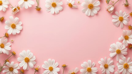 Fototapeta premium Minimal styled concept. White daisy chamomile flowers on pale pink background. Copy space. delicate white cosmos flowers with yellow centers scattered around the border