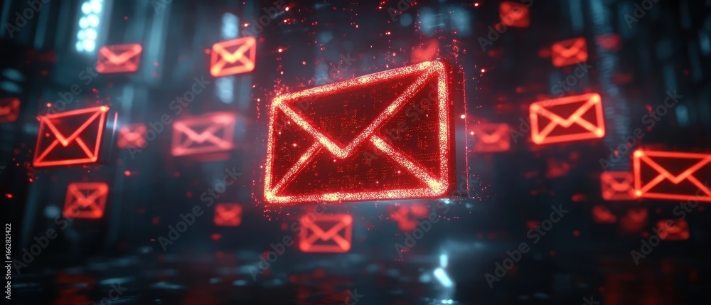 Poster glowing red digital envelopes floating in a dark futuristic space representing electronic communicat