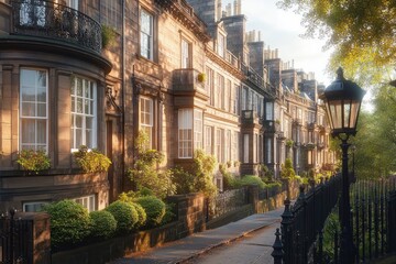 Historic stone townhouses lining a sunlit sidewalk with ornate black wrought iron fences and lush green plants under the warm glow of late afternoon light
