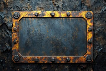 rusted metal plate with yellow-orange border and multiple bolts mounted on a rough dark textured metal surface