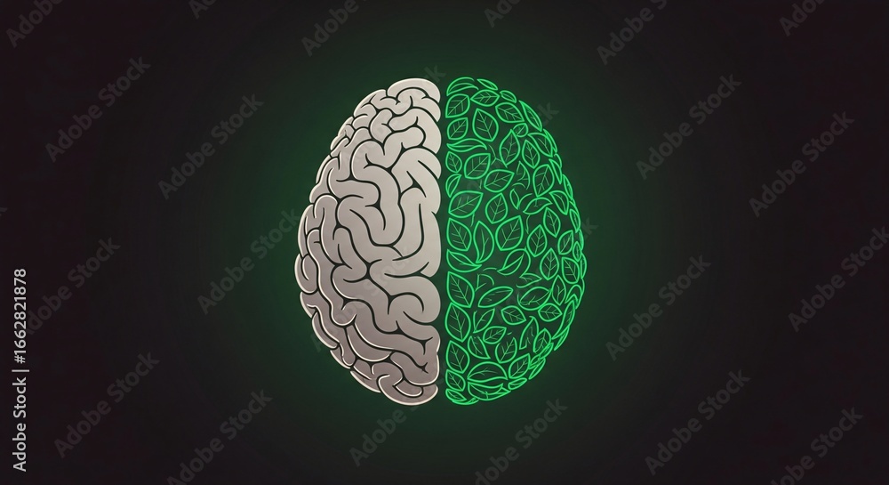Poster a conceptual illustration showing a brain comprised of leaves on one side and a standard brain depic