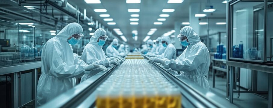 Workers wearing full protective suits and masks carefully inspecting products on a conveyor belt in a brightly lit sterile manufacturing facility