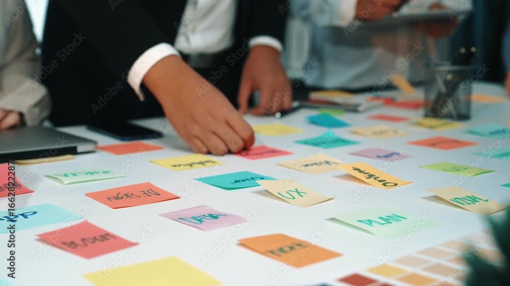 Poster a vibrant team collaboration session featuring hands interacting with colorful sticky notes on a tab