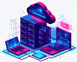 Futuristic digital cloud storage concept with glowing server racks connected to two laptops and a central processing chip in neon blue and pink lighting