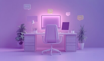 Fototapeta premium Minimalistic modern workspace with glowing computer screens and purple lighting surrounded by plants and a sleek white office chair