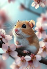 Close-up of a small, curious mouse perched on a branch surrounded by soft pink cherry blossoms in gentle sunlight