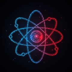 Nuclear energy concept with abstract low-poly atom model, glowing blue-red core, energy orbit icon, and molecule symbol on dark background in vector style.
