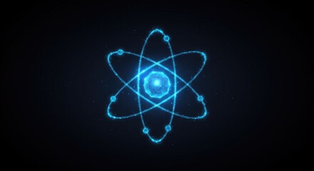 Nuclear energy concept with abstract low-poly atom model, glowing blue-red core, energy orbit icon, and molecule symbol on dark background in vector style.
