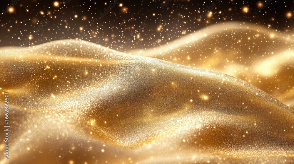 Aufkleber shimmering golden particles floating above smooth, flowing golden waves creating a magical and spark