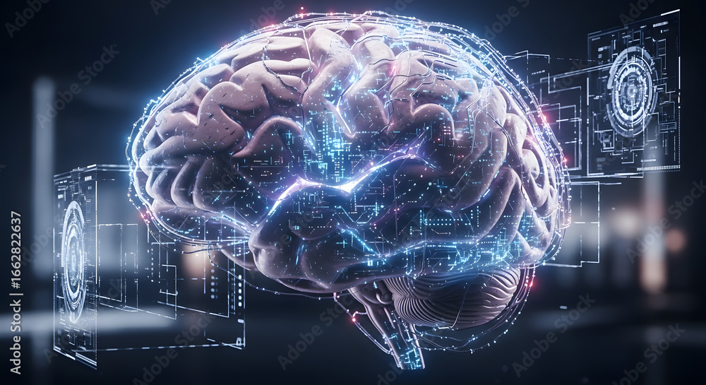 Poster conceptual visualization of a human brain intertwined with digital interfaces, showcasing artificial