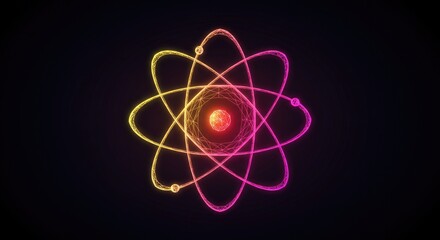 Nuclear energy concept with abstract low-poly atom model, glowing blue-red core, energy orbit icon, and molecule symbol on dark background in vector style.
