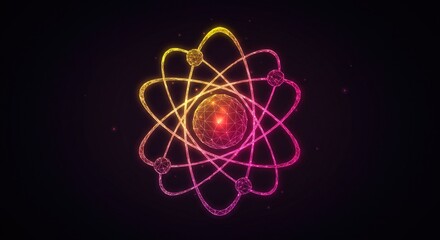 Nuclear energy concept with abstract low-poly atom model, glowing blue-red core, energy orbit icon, and molecule symbol on dark background in vector style.
