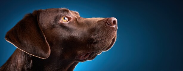 The attentive Labrador dog gazing thoughtfully against a vibrant blue background.
