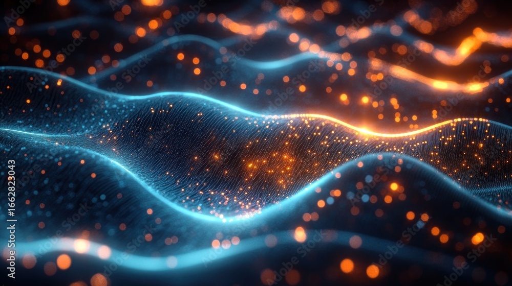 Poster glowing digital waveforms with bright orange and blue lights creating a futuristic and dynamic abstr