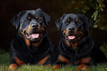 Obraz premium Two happy rottweiler dogs lying side by side on green grass with tongues out and a dark blurred background