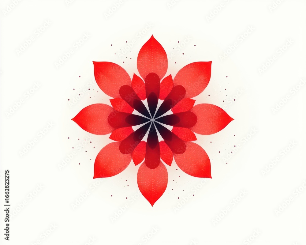Poster symmetrical red and black leaf pattern forming an abstract flower with delicate dots surrounding it 