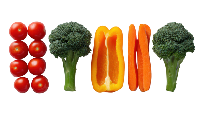 Assortment of fresh vegetables including cherry tomatoes, broccoli, orange bell pepper, and carrots isolated on transparent background