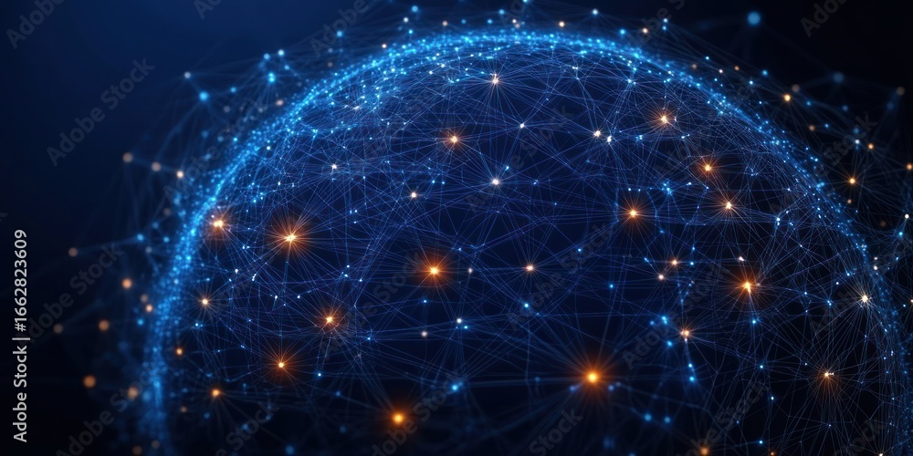 Aufkleber glowing network of interconnected blue and orange nodes forming a digital spherical web representing