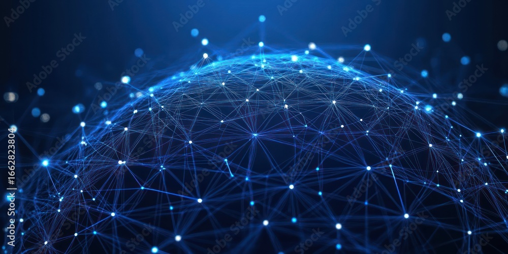 Aufkleber blue glowing interconnected network forming a spherical digital web against a dark background repres