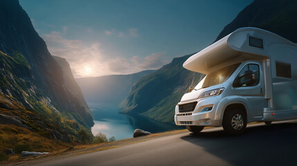 Obraz premium Camper van parked by serene lake in mountainous landscape at sunset 