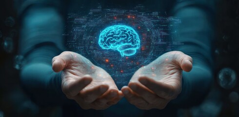 Close-up of cupped human hands holding a glowing digital hologram of a brain surrounded by futuristic data and light particles, symbolizing technology and intelligence