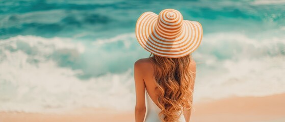 The serene woman in a stylish hat enjoying the beach view.