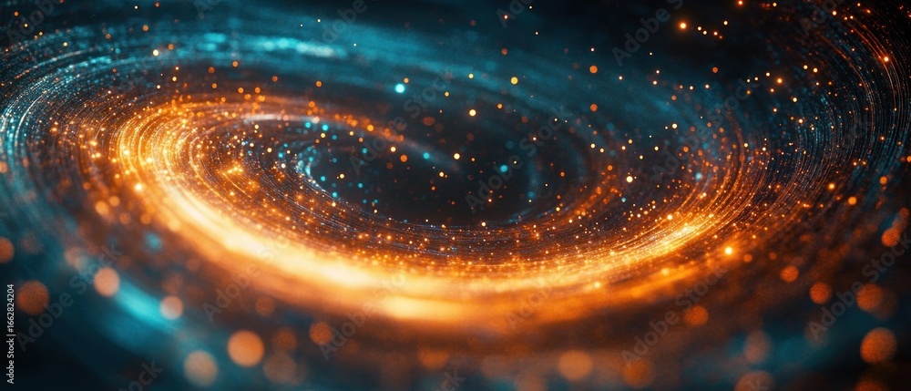 Poster glowing spiral of orange and blue particles creating a dynamic swirling light effect suggesting ener