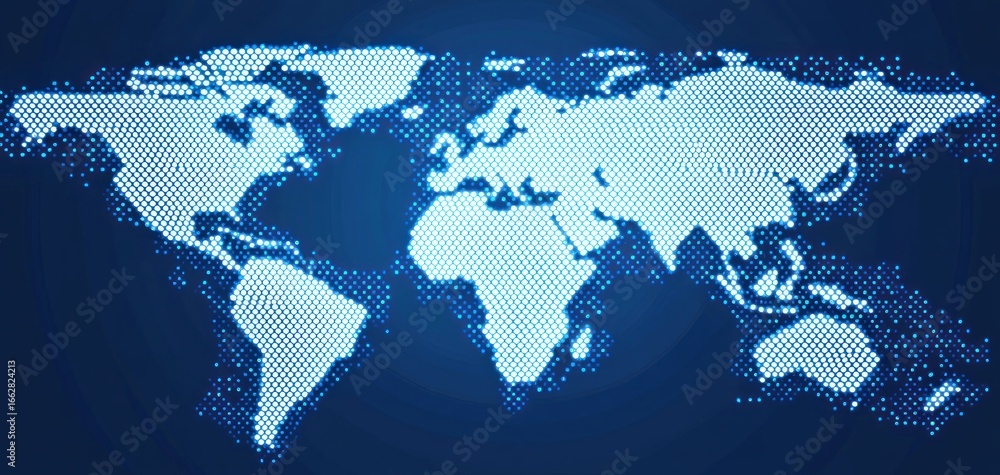 Poster digital world map made of small hexagonal dots with bright light effects on dark blue background