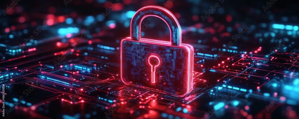 Poster glowing red padlock symbol placed on a digital circuit board with blue and red illuminated pathways 