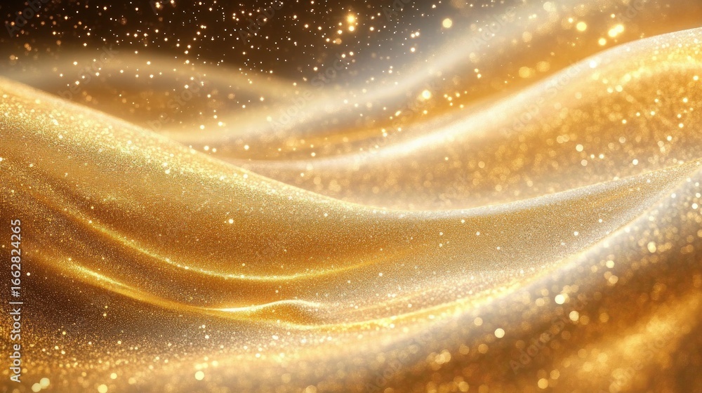 Poster shimmering golden waves of sparkling particles creating a luxurious and radiant flowing texture