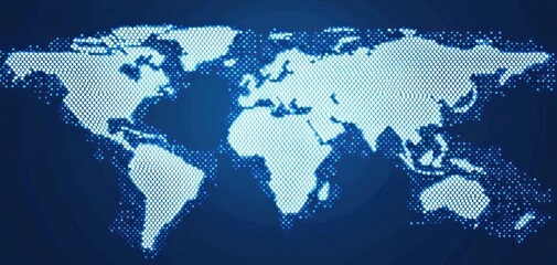Digital world map made of small hexagonal dots with bright light effects on dark blue background