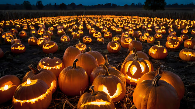 pumpkins in the garden, Dozens of pumpkins glowing in a rustic pumpkin field lit by fairy lights at dusk