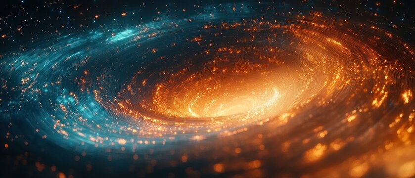 Swirling vortex of glowing orange and blue particles forming a spiraling tunnel with bright center, evoking dynamic energy and cosmic motion