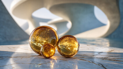 Three translucent golden oval shapes with reflections on a textured surface against a blurred architectural background