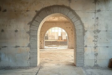 Naklejka premium Interior of an unfinished building featuring two stone archways and a dusty floor with construction materials scattered in the background