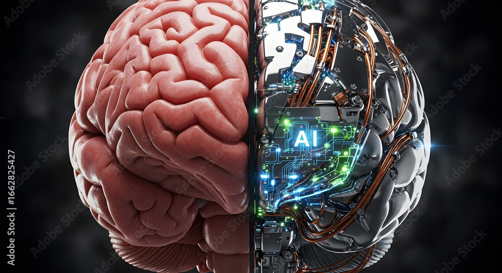Poster conceptual fusion of biological and artificial intelligence showcasing human brain alongside mechani