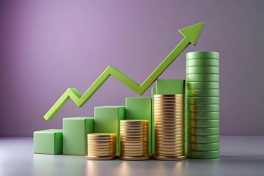 Green growth chart with stacks of coins symbolizing financial success