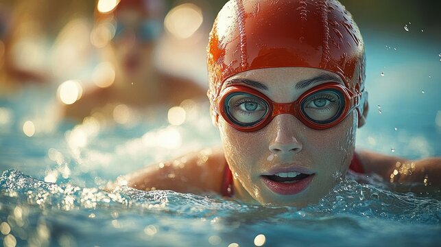Close-up of focused female swimmer wearing red swimming cap and goggles emerging from water with droplets on face in bright pool setting