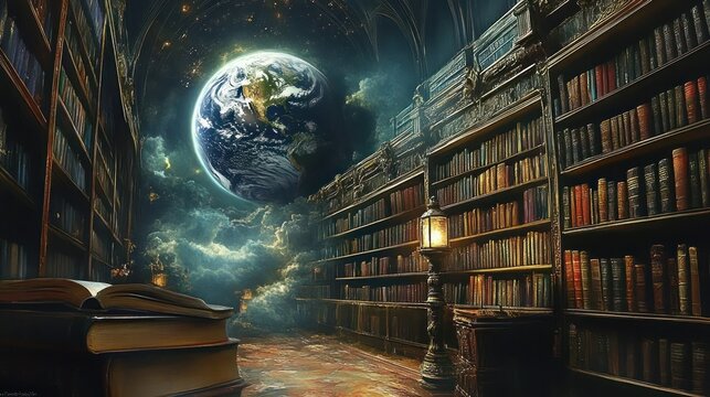 Dimly lit ancient library with towering bookshelves filled with old books and glowing lanterns, featuring a surreal view of the Earth floating among mystical clouds