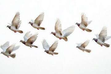 Obraz premium A flock of pigeons in mid-flight against a bright, clear sky showing various wing positions and graceful movement