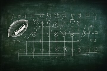 American football play strategy drawn with chalk on a green chalkboard including a football illustration and various player positions and routes