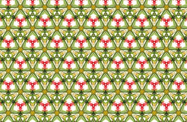 Geometric pattern inspired by nature's beauty, featuring symmetrical triangular designs and organic color palettes, creating a vibrant visual tapestry