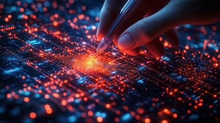 Close-up of a hand holding a pen-like device interacting with a glowing digital interface filled with illuminated circuits and data points